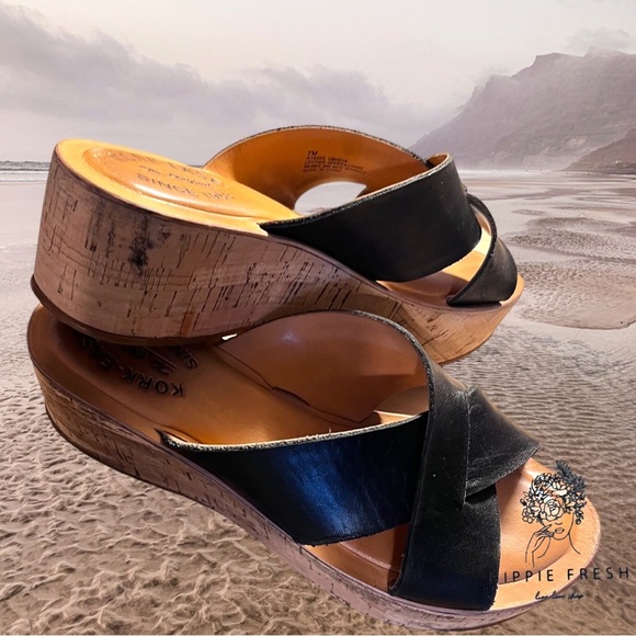 KorkEase Shoes Korkease Black Leather Cork Baja Wedge Sandal 7 M